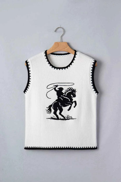 White Rodeo Cowboy Sweater Vest with contrast trim, stylish and comfortable, by Trendsi.