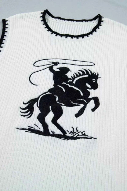 White Rodeo Cowboy Sweater Vest with contrast trim from Trendsi, featuring a classic Western-inspired design and comfortable fit.