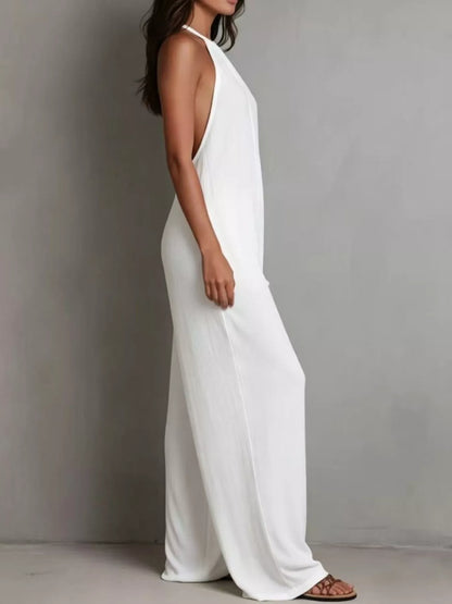 White sleeveless wide-leg jumpsuit by Trendsi, featuring a relaxed fit and stylish design perfect for casual or dressier occasions.