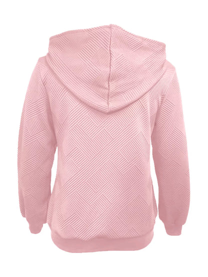 Texture zip-up hoodie with drawstring from Trendsi, featuring a soft fabric and casual style, shown with the hoodie unzipped.
