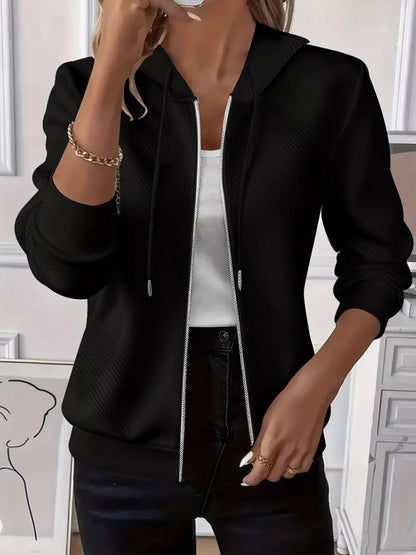 Texture zip-up hoodie with drawstring from Trendsi, featuring a cozy, textured fabric and a casual, stylish fit.