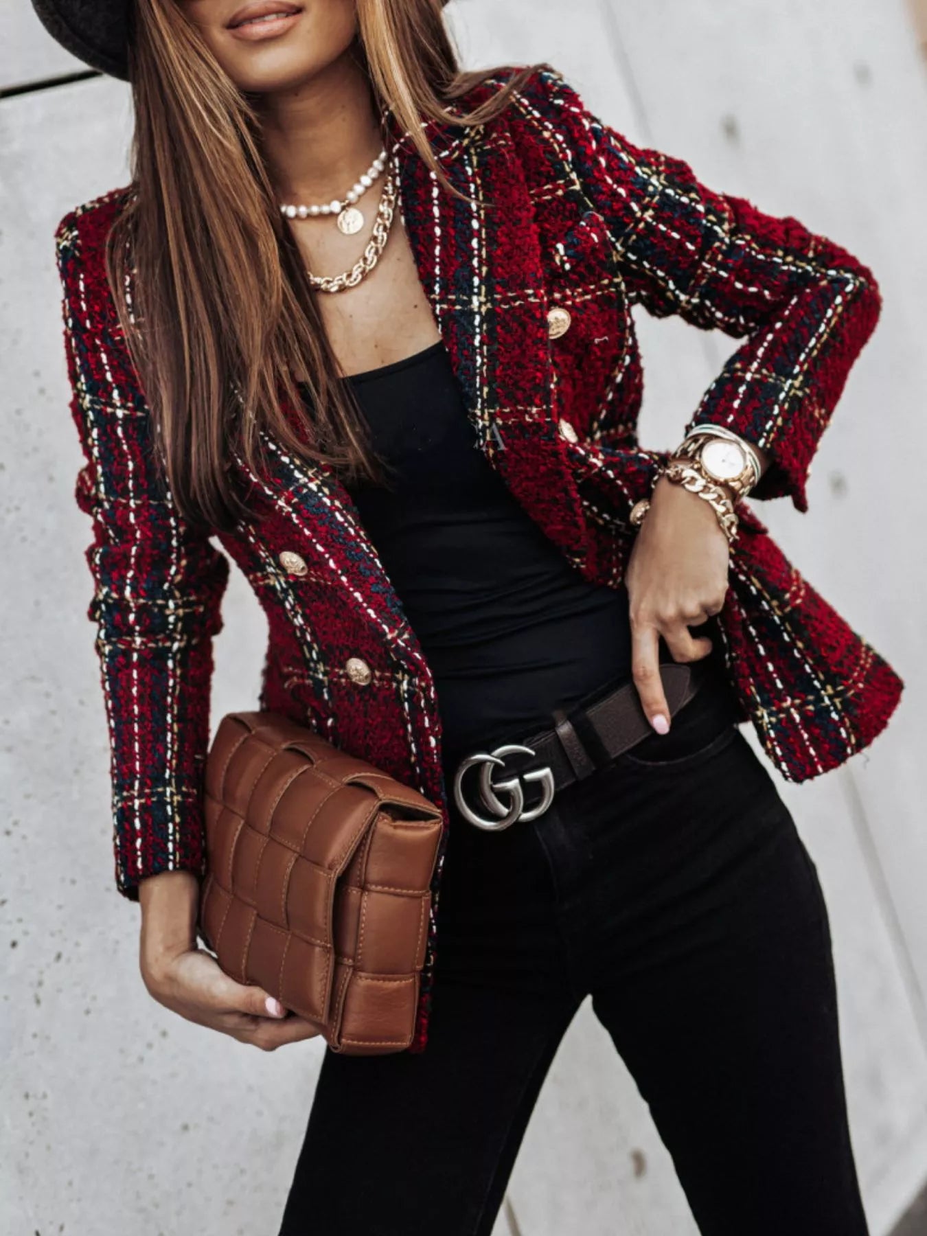 Full Size Plaid Tweed Double-Breasted Blazer Plus Size - Redemption By Ashley North