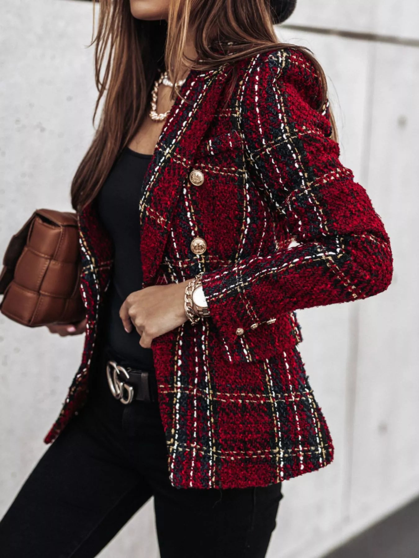Full Size Plaid Tweed Double-Breasted Blazer Plus Size - Redemption By Ashley North