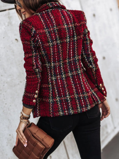 Full Size Plaid Tweed Double-Breasted Blazer Plus Size - Redemption By Ashley North