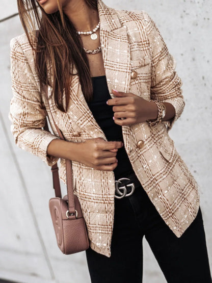 Full Size Plaid Tweed Double-Breasted Blazer Plus Size - Redemption By Ashley North
