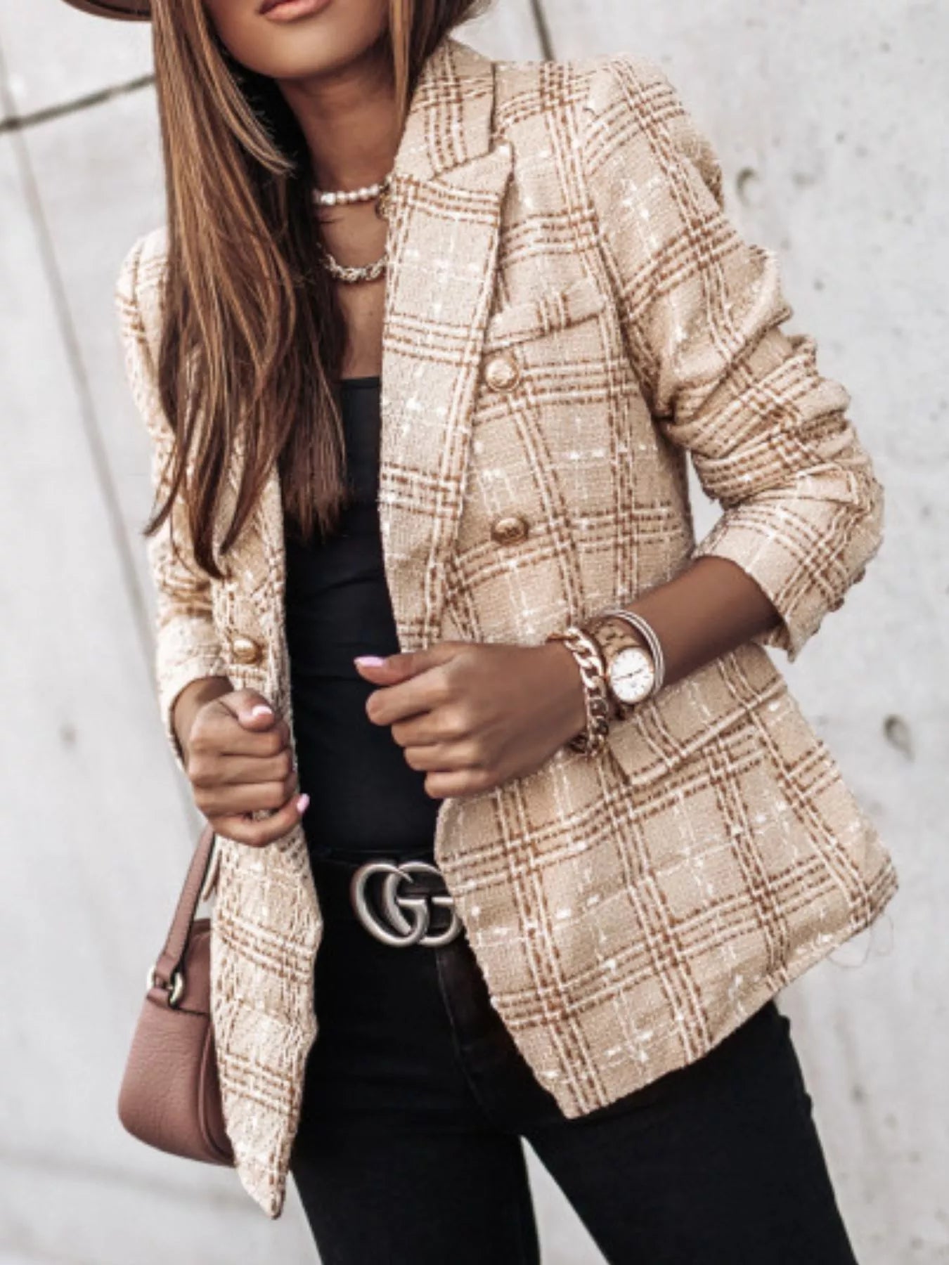 Full Size Plaid Tweed Double-Breasted Blazer Plus Size - Redemption By Ashley North