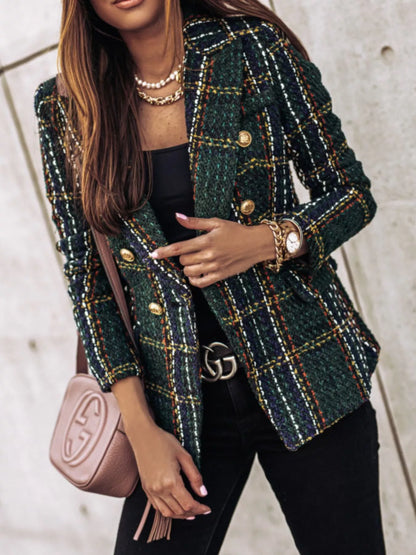 Full Size Plaid Tweed Double-Breasted Blazer Plus Size - Redemption By Ashley North