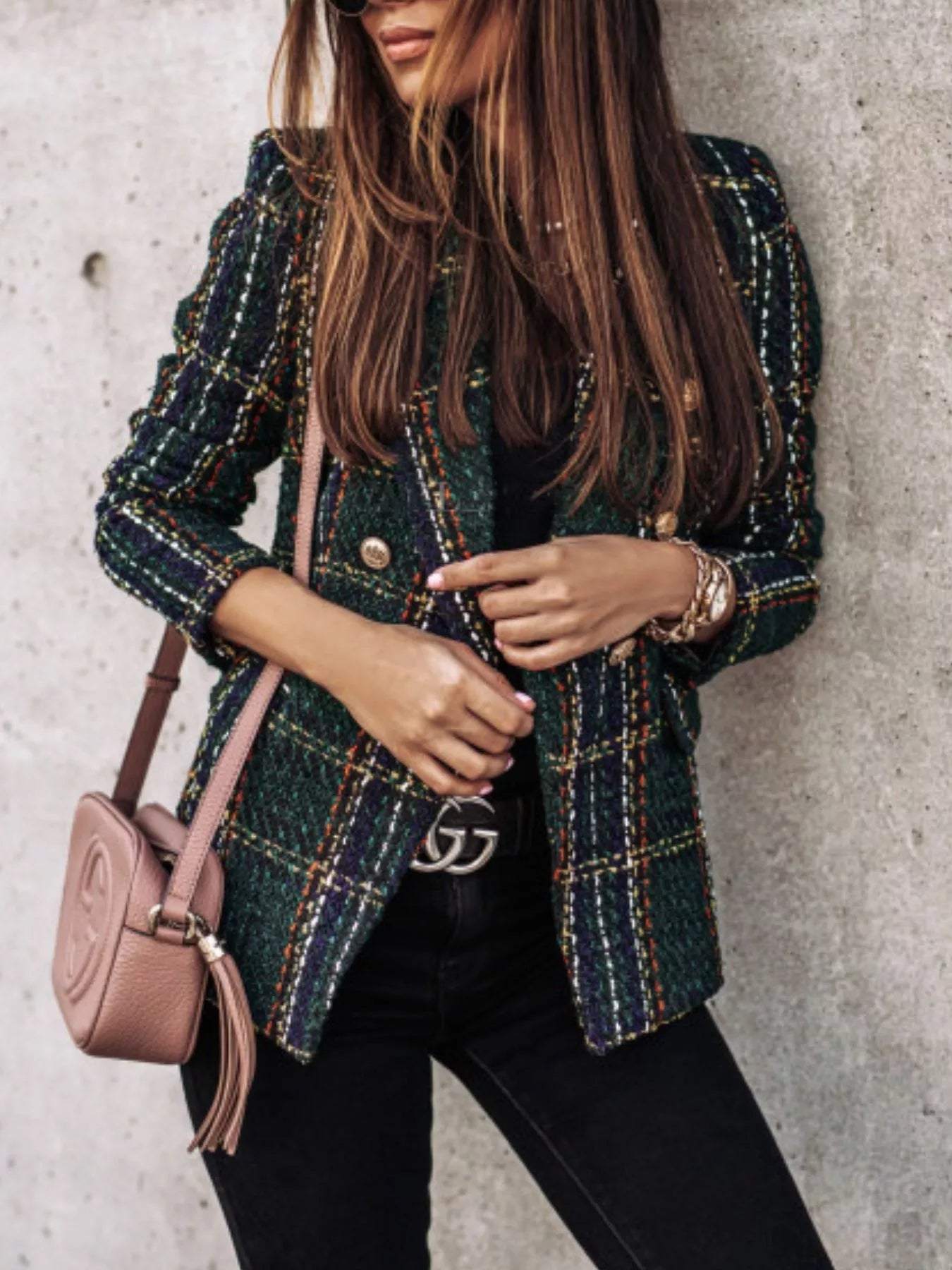 Full Size Plaid Tweed Double-Breasted Blazer Plus Size - Redemption By Ashley North