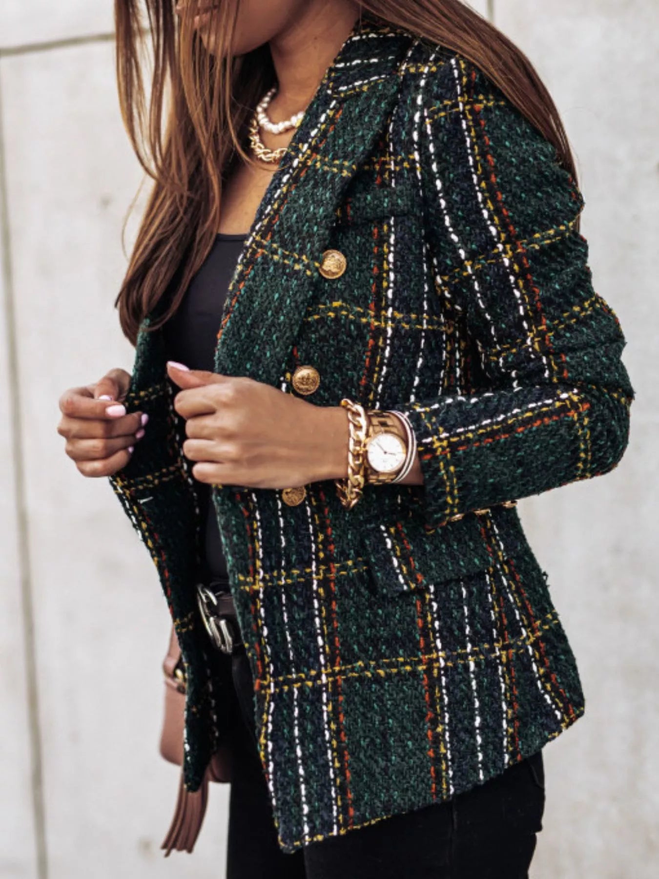 Full Size Plaid Tweed Double-Breasted Blazer Plus Size - Redemption By Ashley North