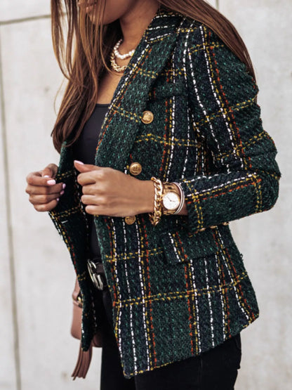 Full Size Plaid Tweed Double-Breasted Blazer Plus Size - Redemption By Ashley North