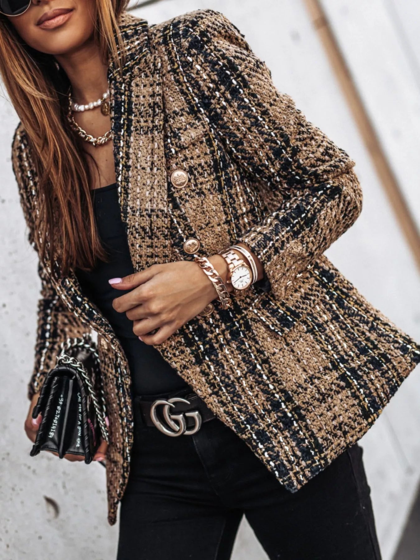 Full Size Plaid Tweed Double-Breasted Blazer Plus Size - Redemption By Ashley North