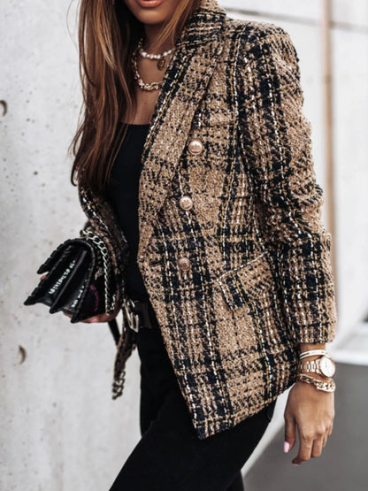 Full Size Plaid Tweed Double-Breasted Blazer Plus Size - Redemption By Ashley North