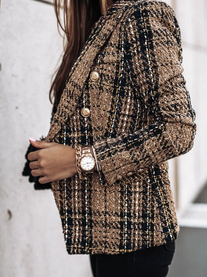 Full Size Plaid Tweed Double-Breasted Blazer Plus Size - Redemption By Ashley North