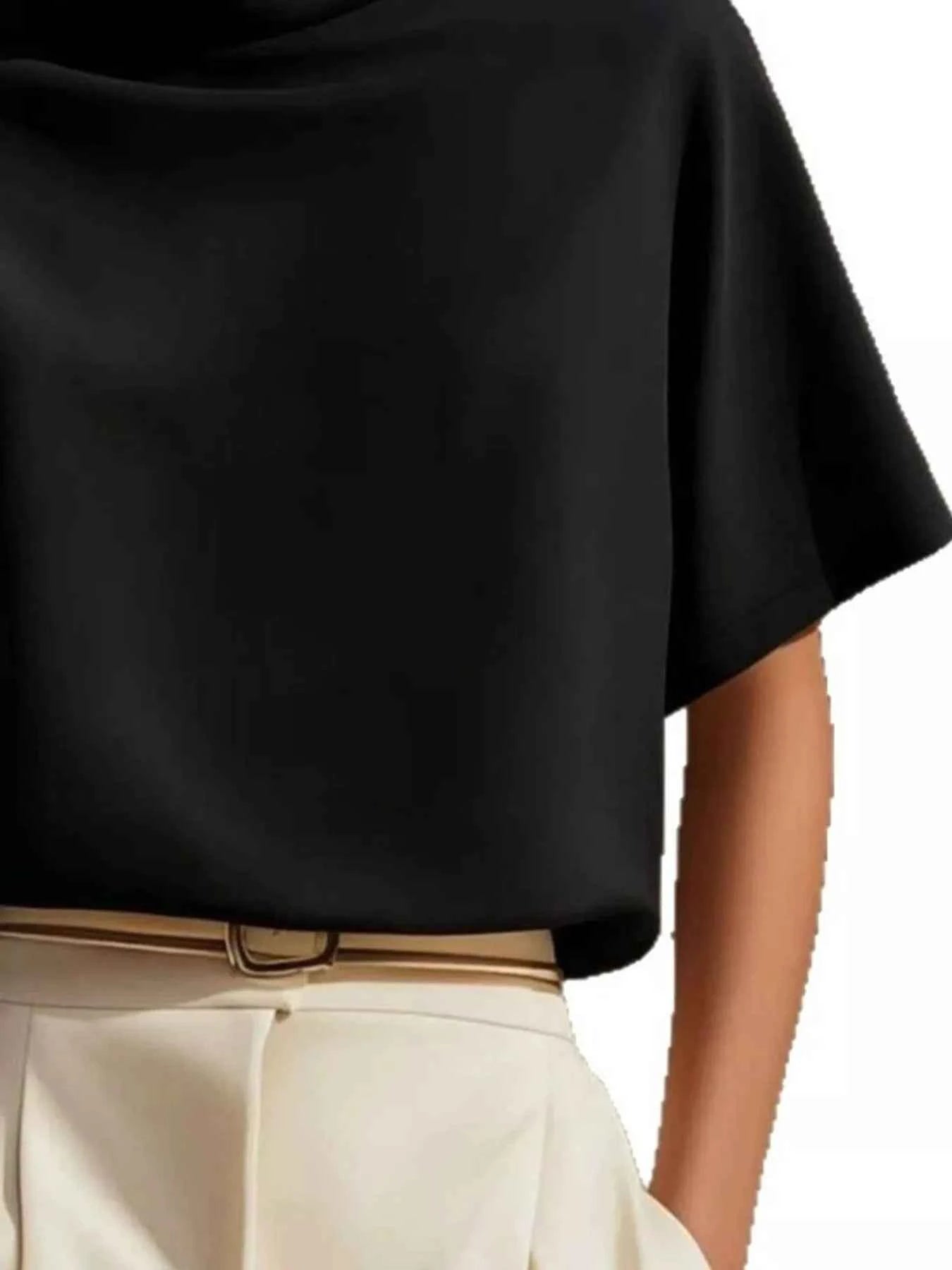Blush pink women's mock neck short sleeve T-shirt by Trendsi, casual stylish top for effortless everyday elegance.