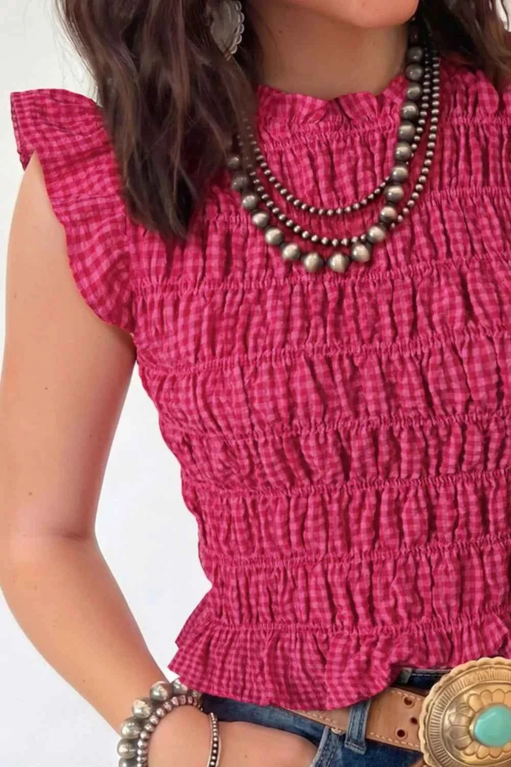 Cerise pink women's smocked gingham tank top with ruffle sleeves, stylish and lightweight from Trendsi.