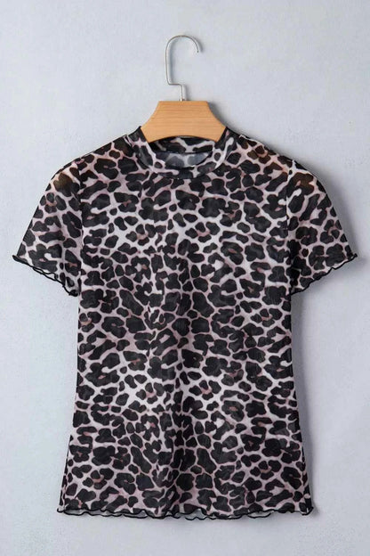 Leopard print sheer mesh top for women, stylish and versatile, featuring a chic animal print design.