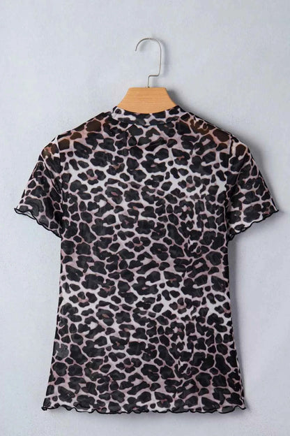 Leopard print sheer mesh top for women, stylish and versatile, featuring a chic animal print design for trendy casual wear.