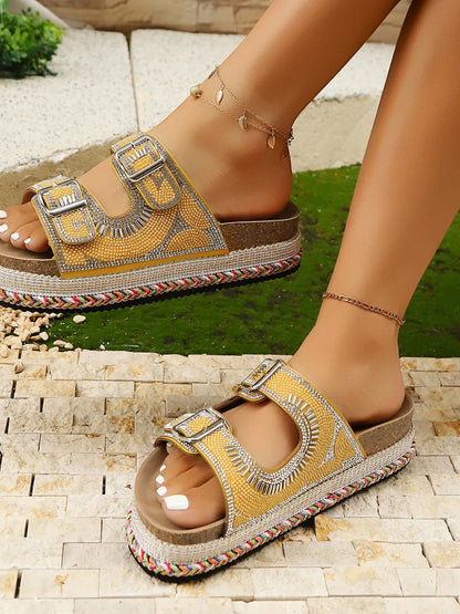 Trendsi double buckle platform sandals with chunky heel and open toe, styled with casual summer outfit.