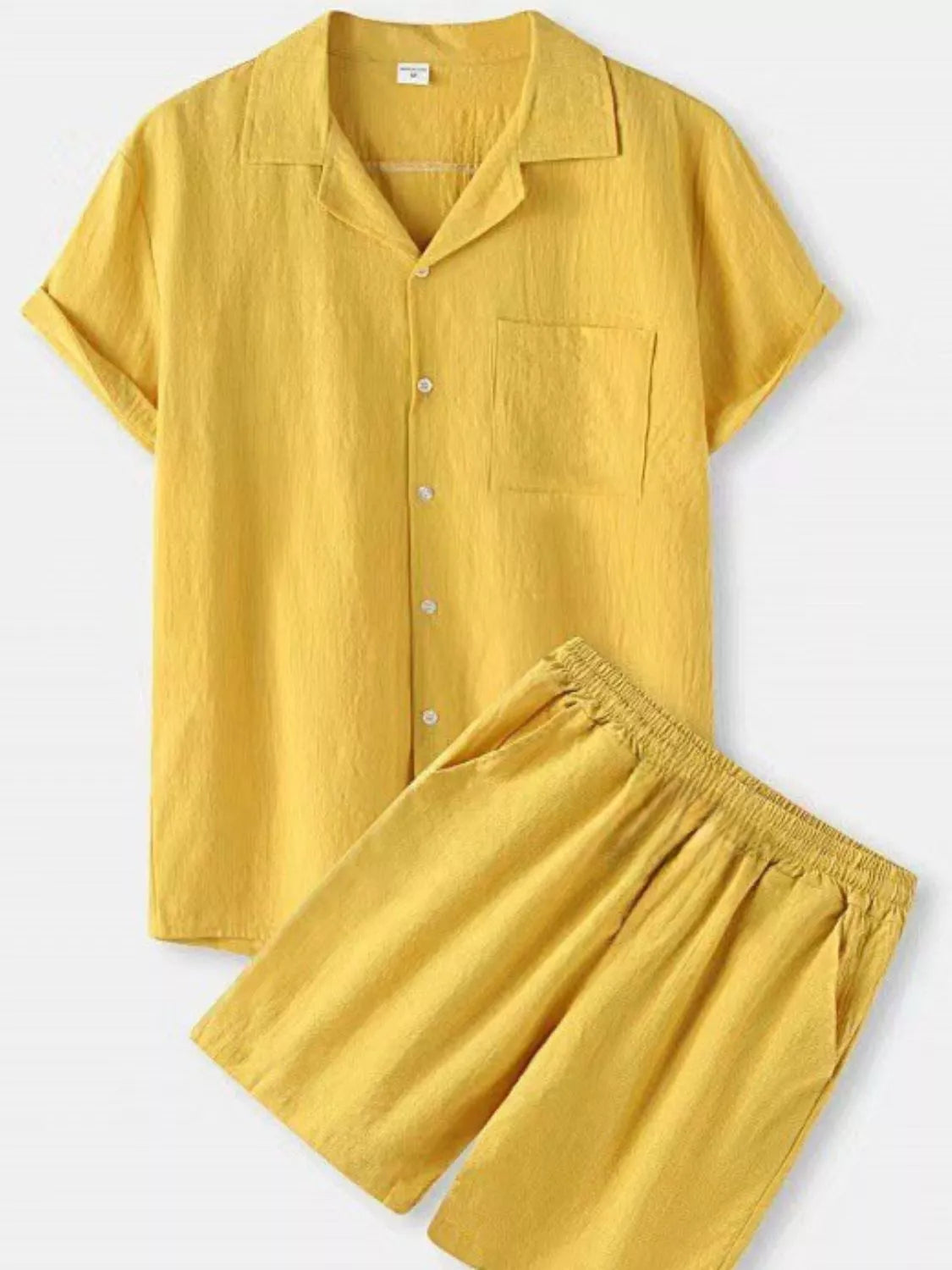 Plus size men's yellow button-up short sleeve shirt and matching shorts set by Trendsi, casual summer outfit for men.