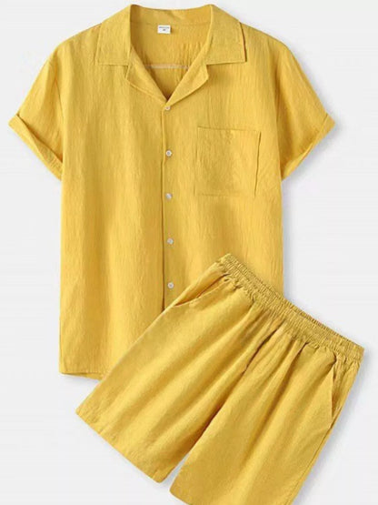 Plus size men's yellow button-up short sleeve shirt and matching shorts set by Trendsi, casual summer outfit for men.
