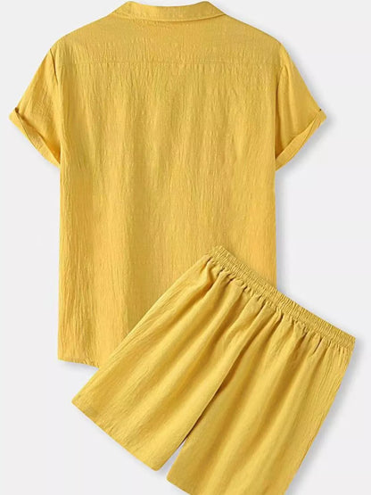 Men's yellow plus size button-up short sleeve shirt and shorts set from Trendsi, casual summer outfit with relaxed fit.