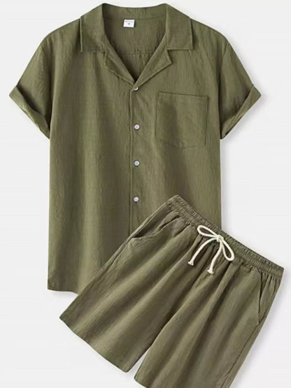 Yellow men's plus size button-up short sleeve shirt and matching shorts set by Trendsi, casual summer outfit.