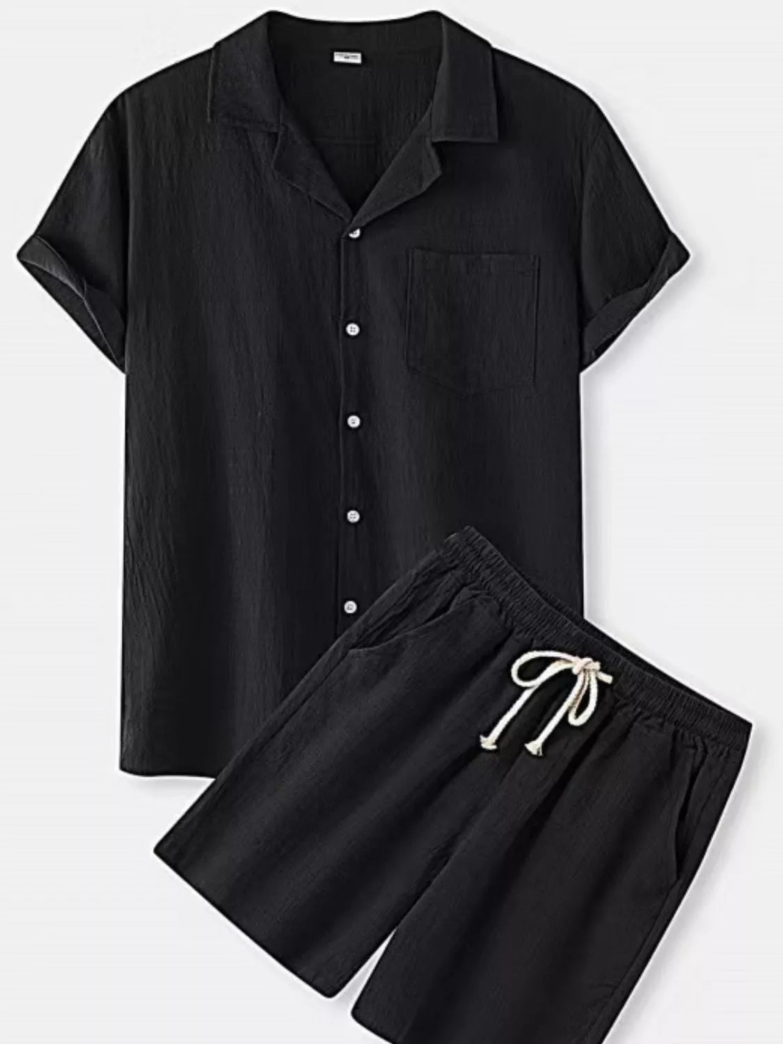 Plus size men's short sleeve button-up shirt and shorts set by Trendsi, featuring a casual, comfortable summer outfit.