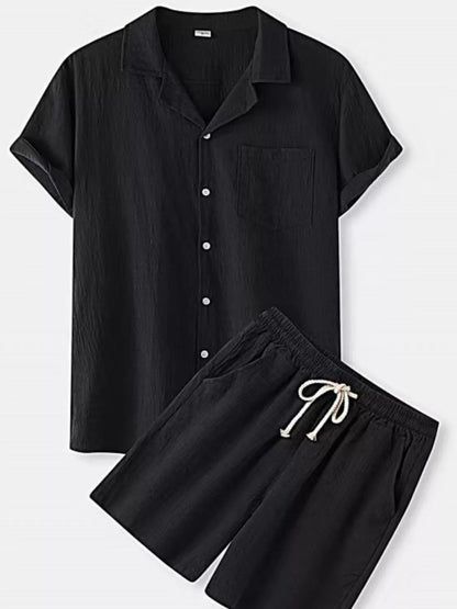 Plus size men's short sleeve button-up shirt and shorts set by Trendsi, featuring a casual, comfortable summer outfit.