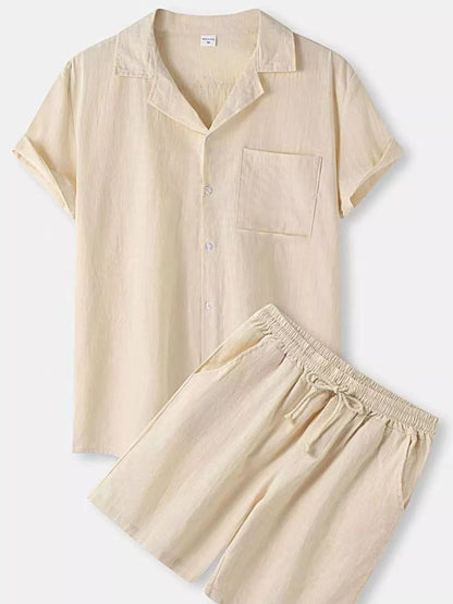 Yellow men's short sleeve button-up shirt and matching shorts set by Trendsi, plus size, casual summer outfit.