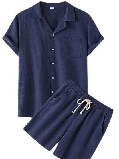 Yellow men's plus size button-up short sleeve shirt and matching shorts set from Trendsi, casual summer clothing.