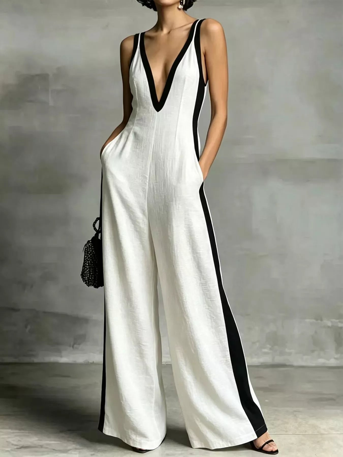Deep V-neck wide-leg jumpsuit with contrast trim, unbranded, featuring flowing fabric and stylish design details.