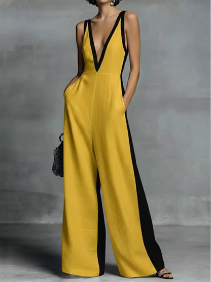 Deep V-neck wide-leg jumpsuit with contrast trim, unbranded, featuring a stylish cut and fabric details in the image.