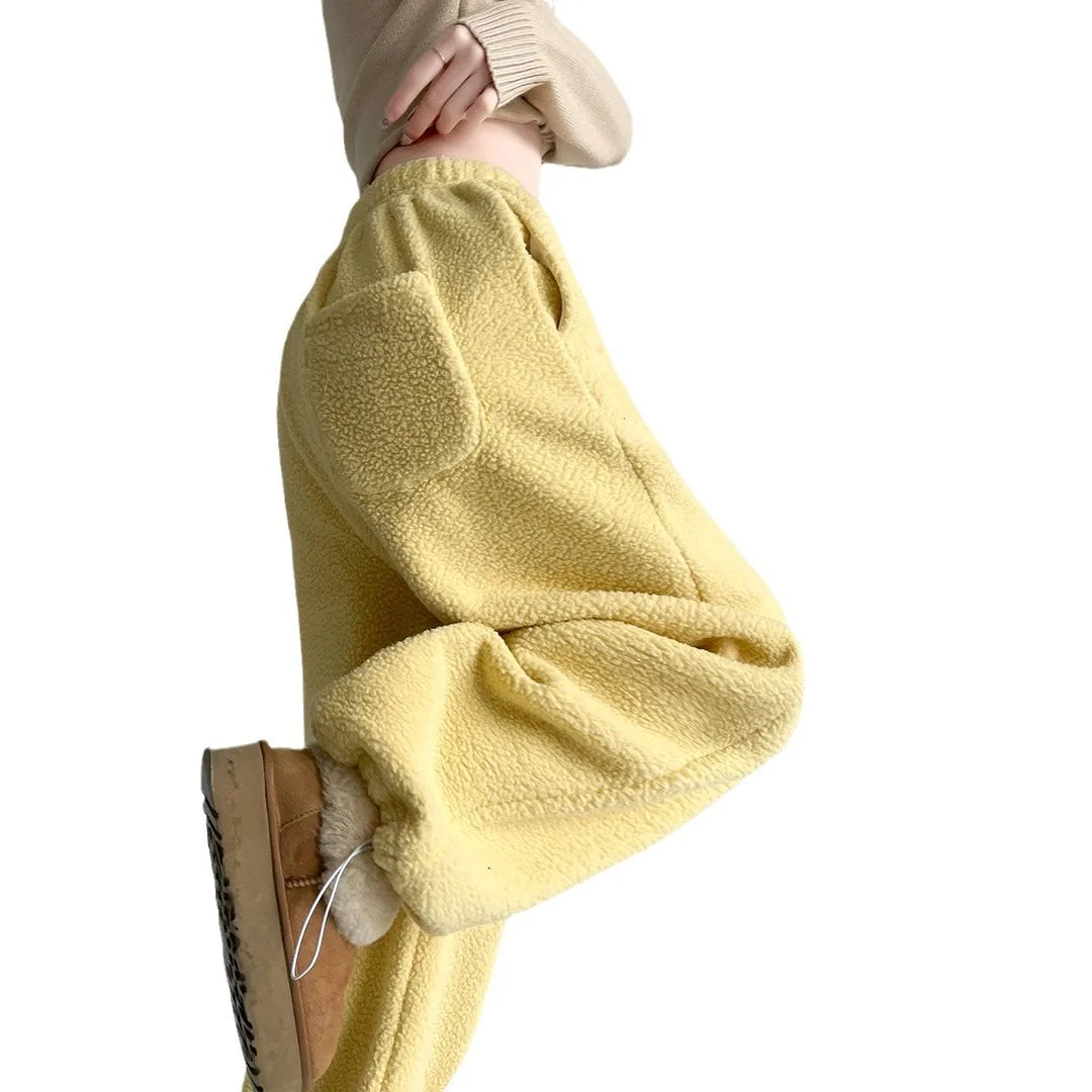 Vennus Store CozyChic™ winter pants in yellow, warm, loose fit, wide-leg style, perfect for cozy winter wear.