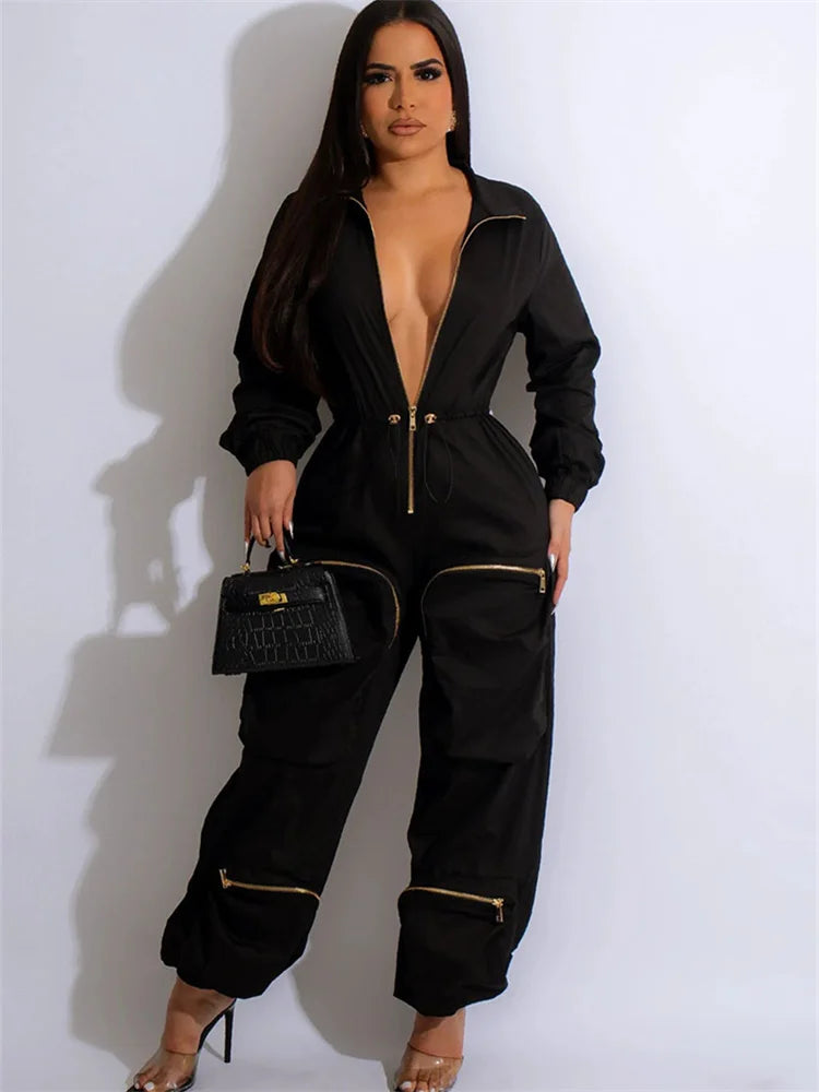 Women Stars Wmstar jumpsuit for women, solid one-piece cargo bodysuit with zipper, available in sizes S-2XL, fall fashion style.