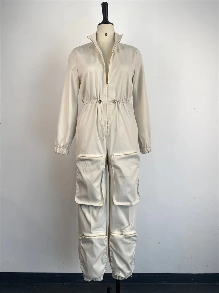 Women Stars Wmstar women's jumpsuit in solid color, zipper front, cargo style, one-piece outfit with a fitted design.