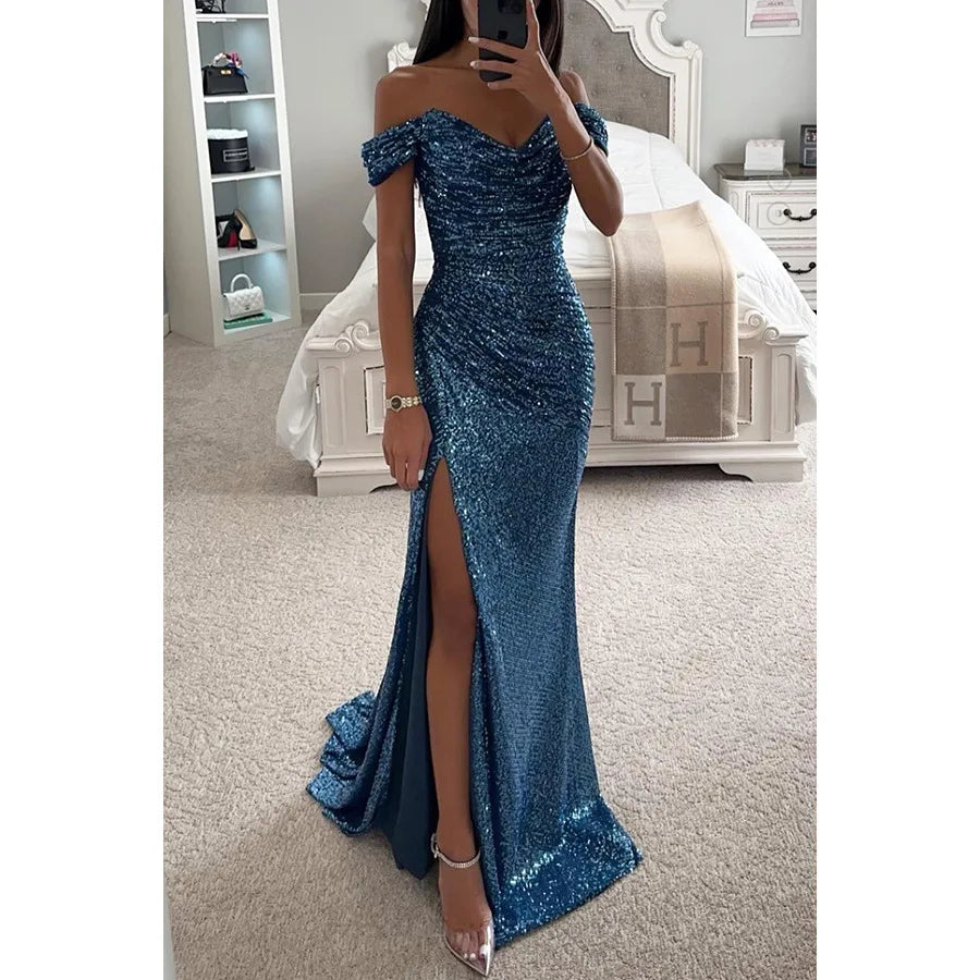 Women's sequined party dress by Xingxue Plus, slim-fitting, one-line neck, split design, perfect for casual or festive occasions.