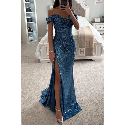 Women's sequined party dress by Xingxue Plus, slim-fitting, one-line neck, split design, perfect for casual or festive occasions.