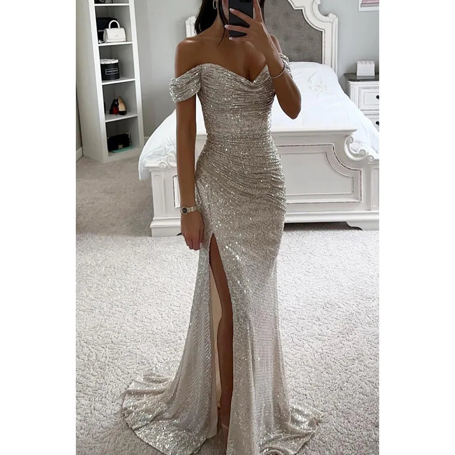 Women's sequins party dress with one-line neck and split design, in S-XL size, featuring a fashionable, slimming fit.