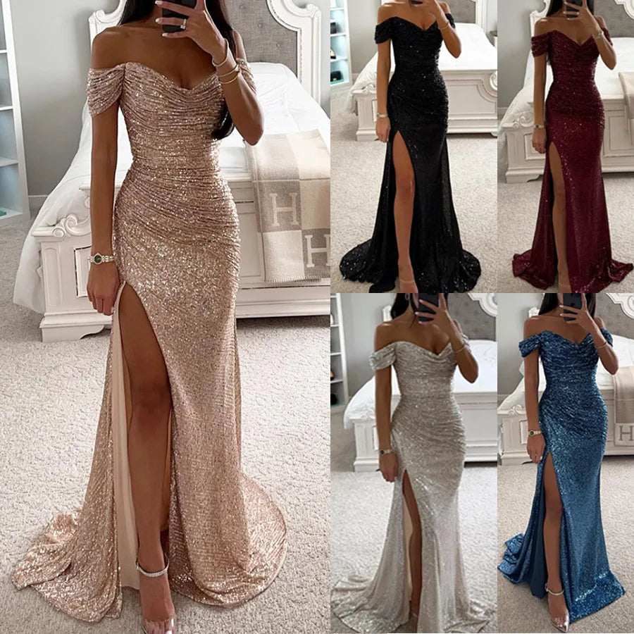 Women's sequins party dress with one-line neckline, split design, slim fit, in S-XL size, by Xingxue Plus Store