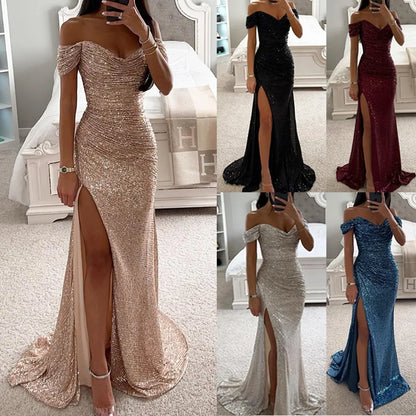 Women's sequins party dress with one-line neckline, split design, slim fit, in S-XL size, by Xingxue Plus Store