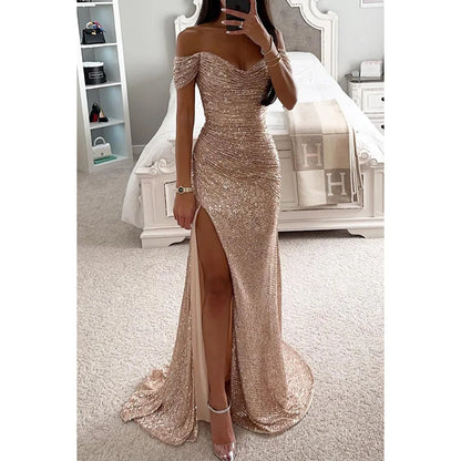 Elegant women's sequins dress by Xingxue Plus Store, featuring a one-line neck, side slit, and slim-fitting design for parties and casual wear.