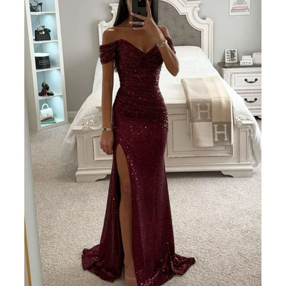 Women's sequined party dress with one-line neck, split design, slim fit, suitable for casual or fashionable occasions.