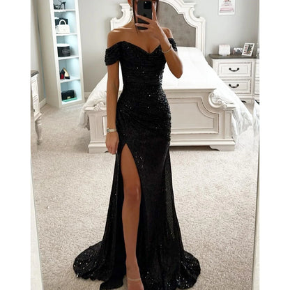 Women's sequins party dress with one-line neckline, slit, and slim fit, in size S-XL, stylish and charming for casual or special occasions.