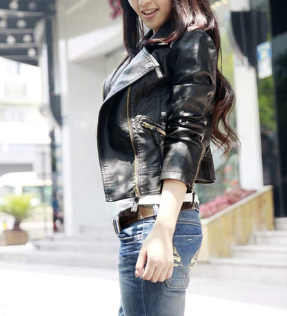 Yellow Pandora women's cropped vegan leather jacket, stylish yellow jacket with fitted design and long sleeves.