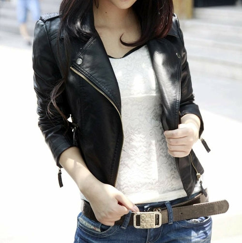 Yellow Pandora women's cropped vegan leather jacket with long sleeves and collar, stylish and lightweight for casual wear.